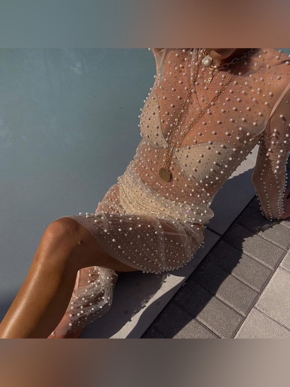 NWT Pearl Embellished Sheer Long-Sleeve Maxi cover up- Blush - Picture 4 of 4